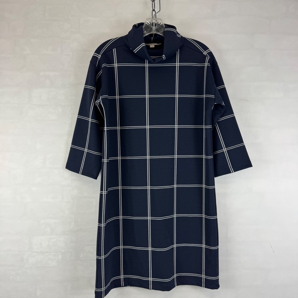 LOFT Navy Windowpane Plaid Knit Shift Dress Size XS